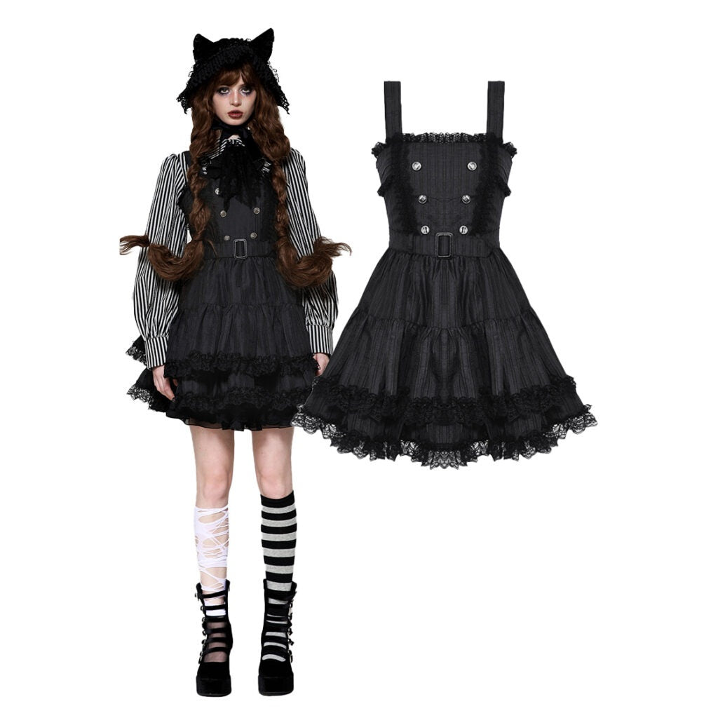 Black Striped Double Breasted Ruffle Dress