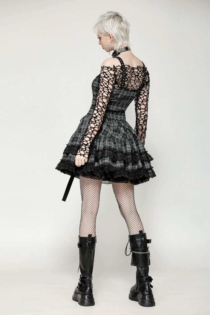 Black And Grey Plaid Ruffle Lace Strap Dress