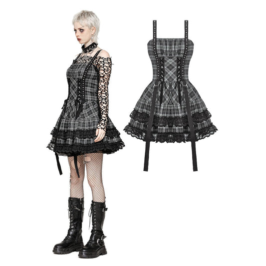 Black And Grey Plaid Ruffle Lace Strap Dress