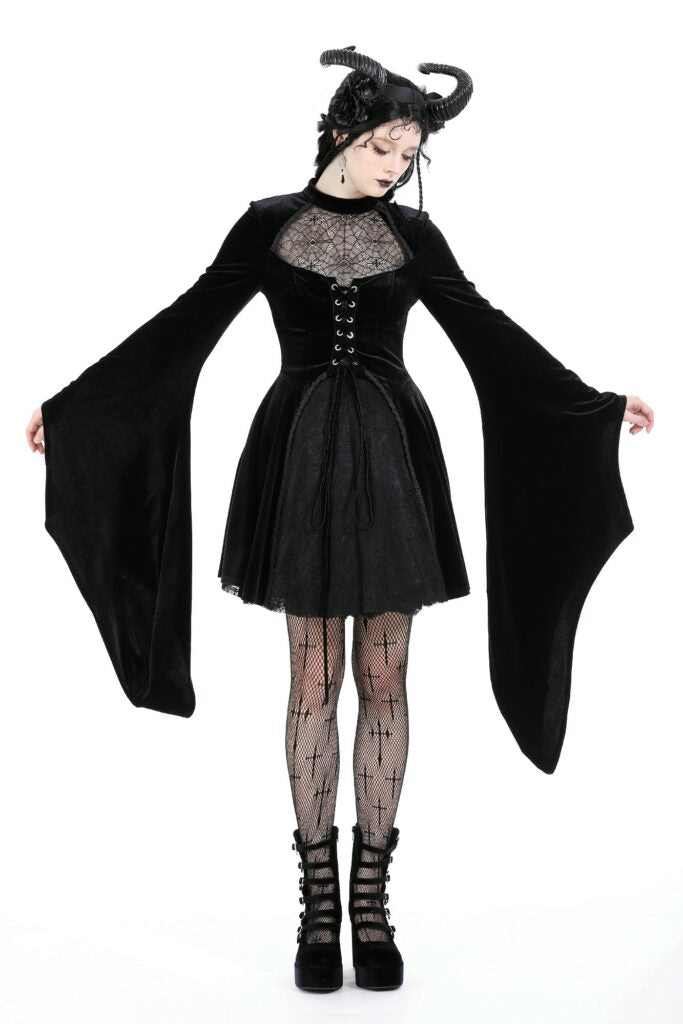 Spider Web Bell Sleeve Velvet Dress