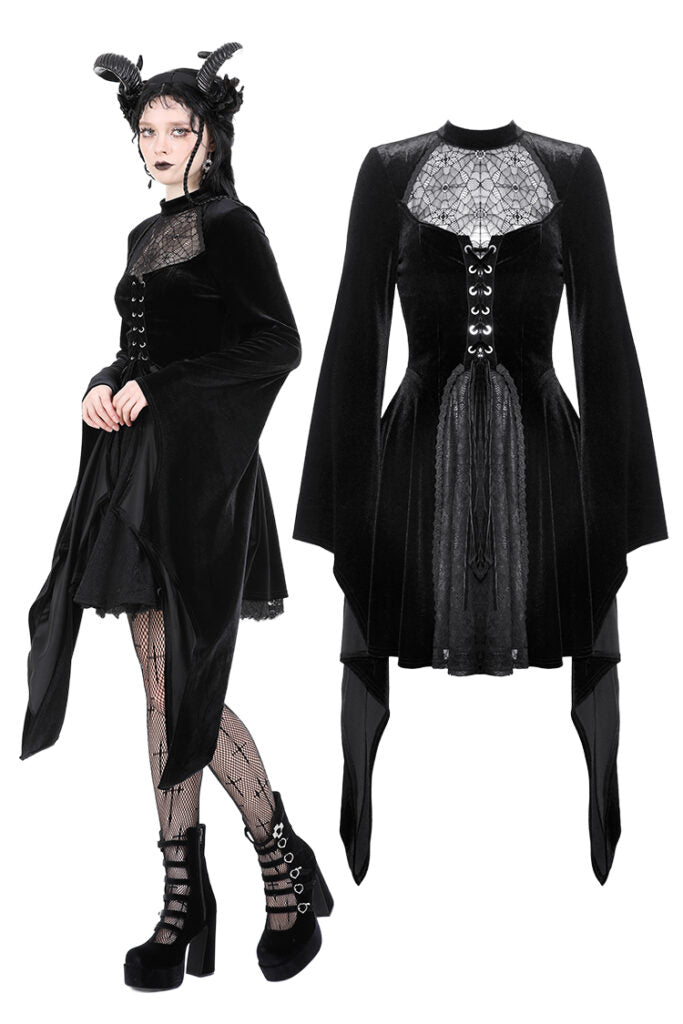 Spider Web Bell Sleeve Velvet Dress