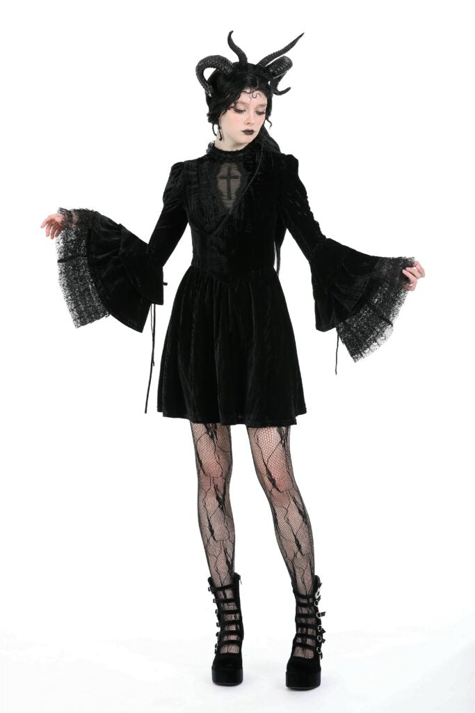Gothic Cross Bell Sleeve Velvet Dress