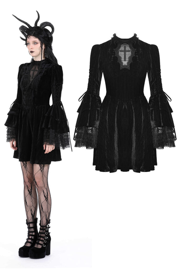 Gothic Cross Bell Sleeve Velvet Dress