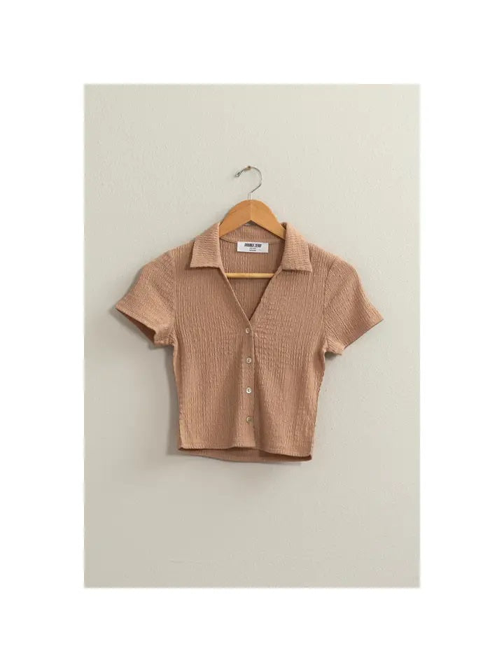 Crinkle Knit Button Front Top