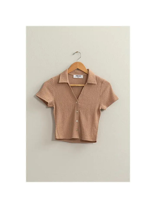 Crinkle Knit Button Front Top