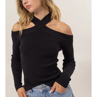 Ribbed Knit Halter Off The Shoulder Top