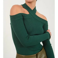 Ribbed Knit Halter Off The Shoulder Top