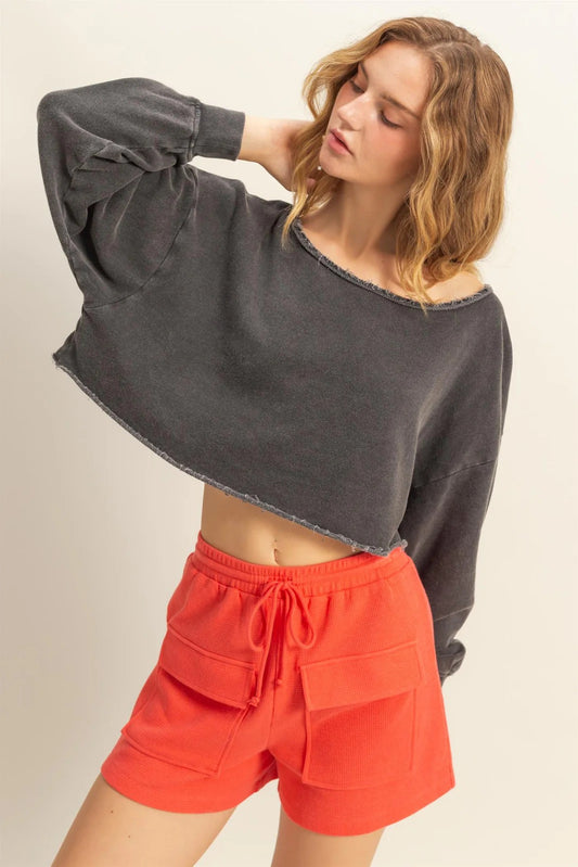 Frayed Detail Long Sleeve Crop Top
