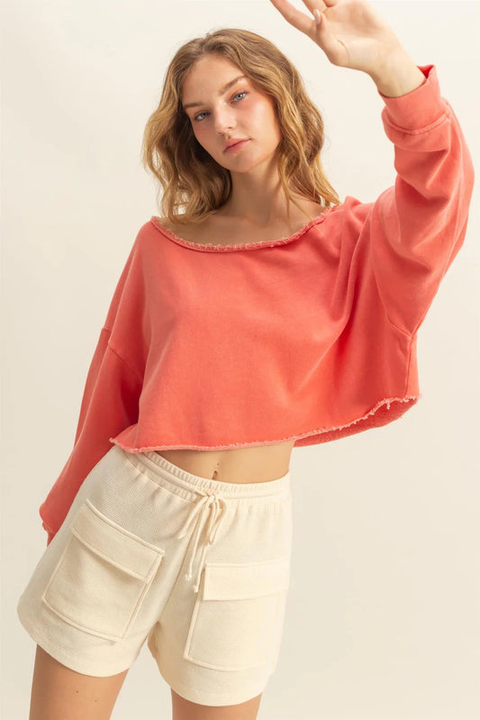 Frayed Detail Long Sleeve Crop Top