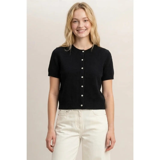 Crew Neck Short Sleeve Button Front Sweater