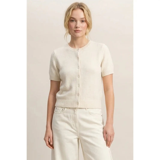 Crew Neck Short Sleeve Button Front Sweater