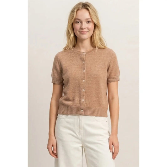 Crew Neck Short Sleeve Button Front Sweater