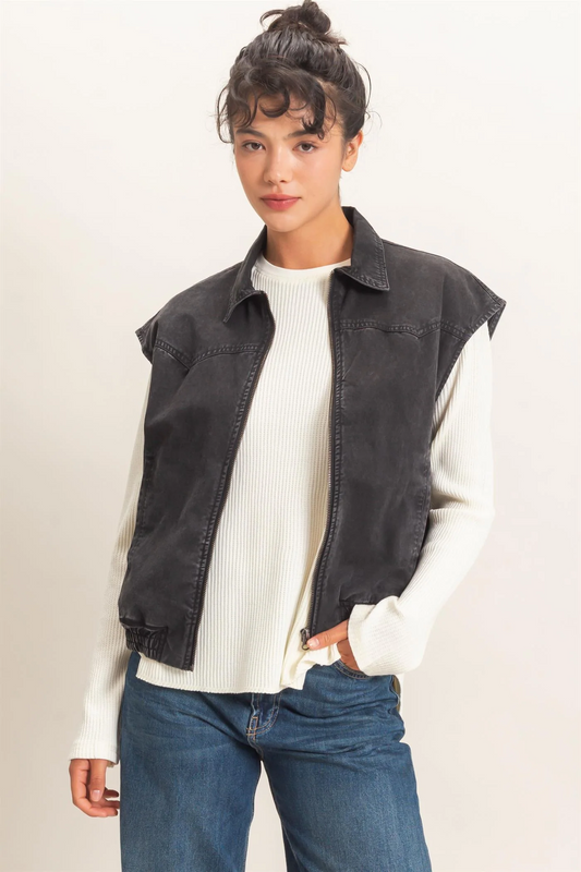 Mineral Wash Sleeveless Zip-Up Collar Vest