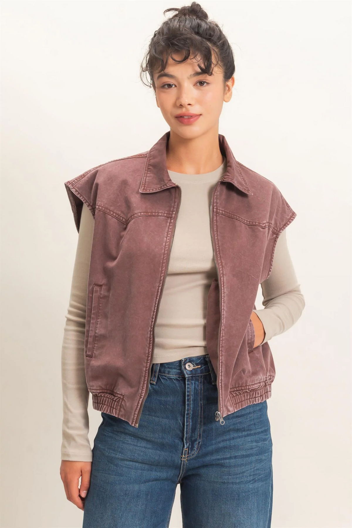 Mineral Wash Sleeveless Zip-Up Collar Vest