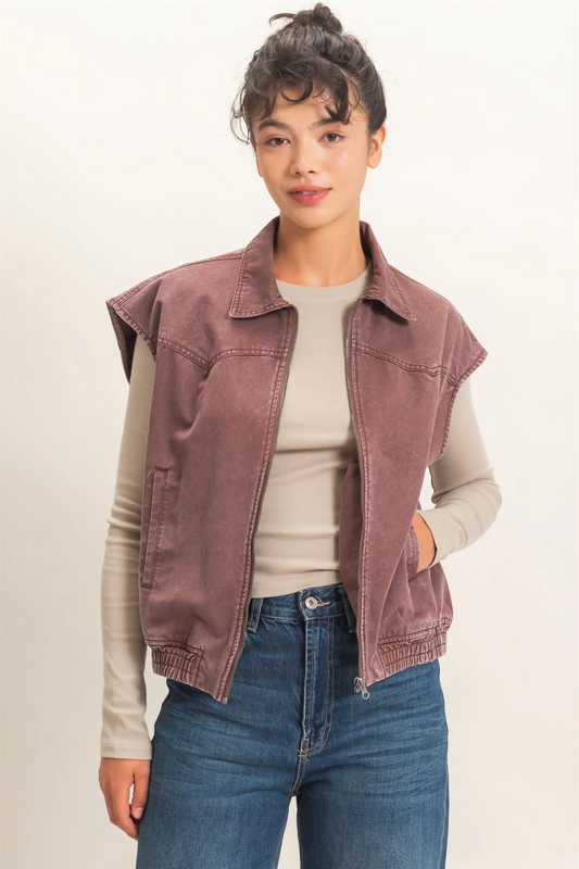 Mineral Wash Sleeveless Zip-Up Collar Vest