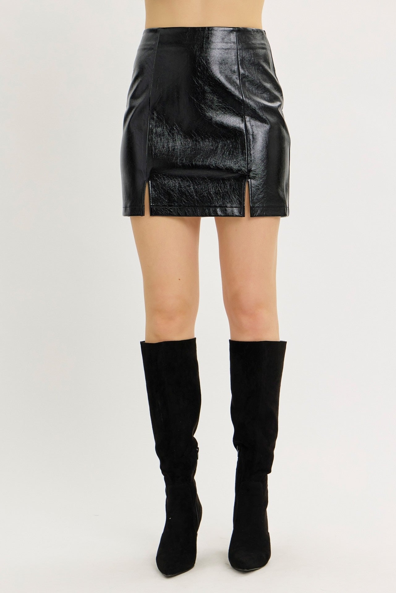 Crinkled Vegan Faux Leather Mini Skirt With Front Slit