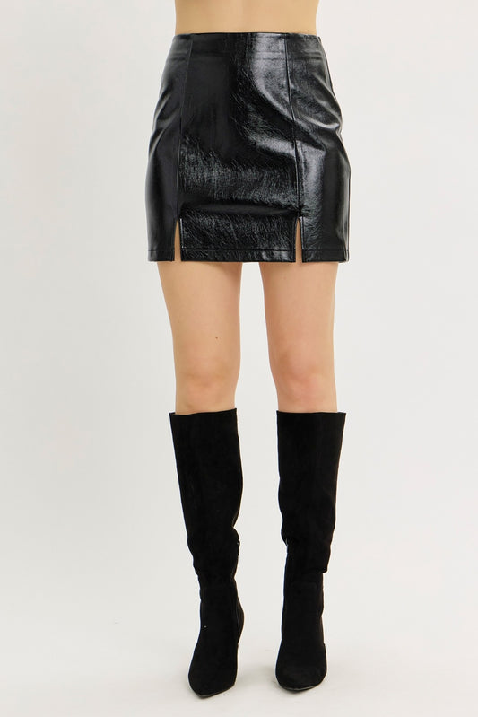 Crinkled Vegan Faux Leather Mini Skirt With Front Slit