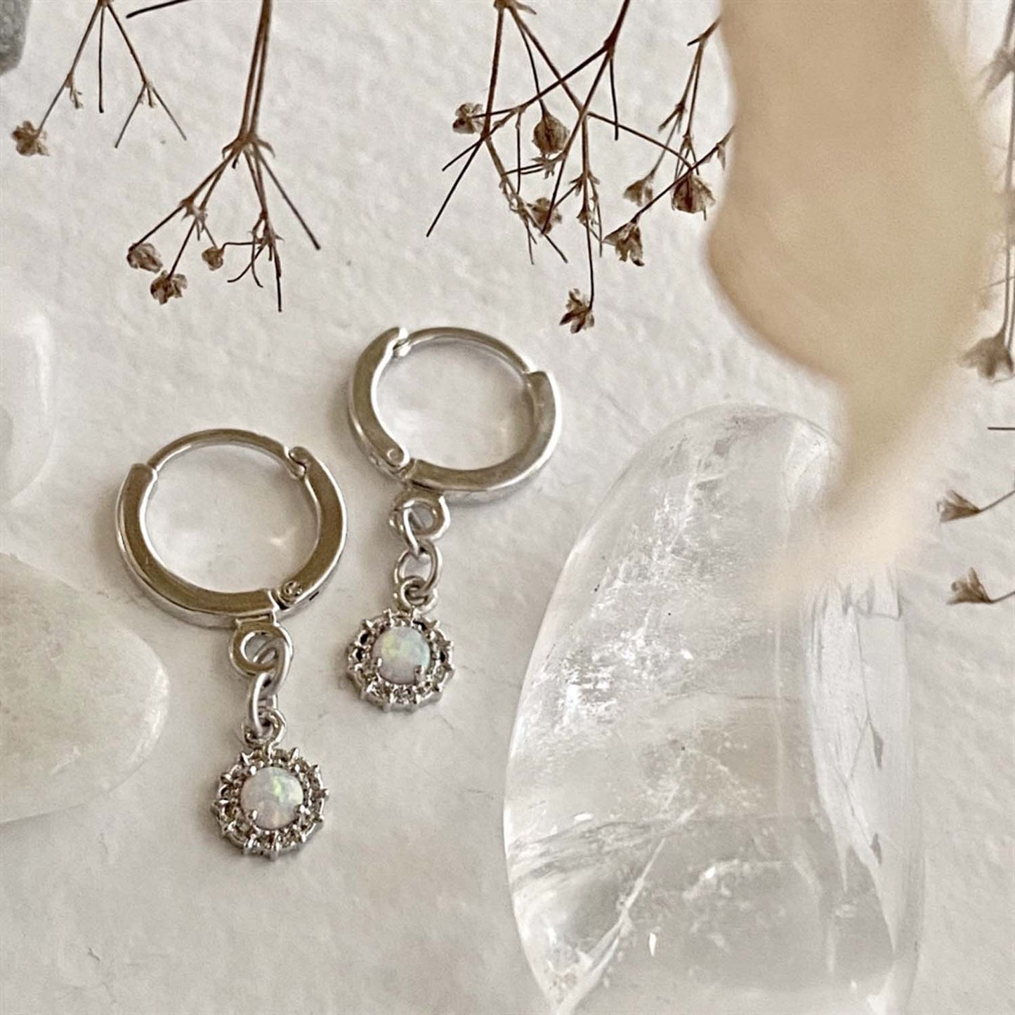Eloise Opal & Rhinestone Hoop Hugger Earrings Silver