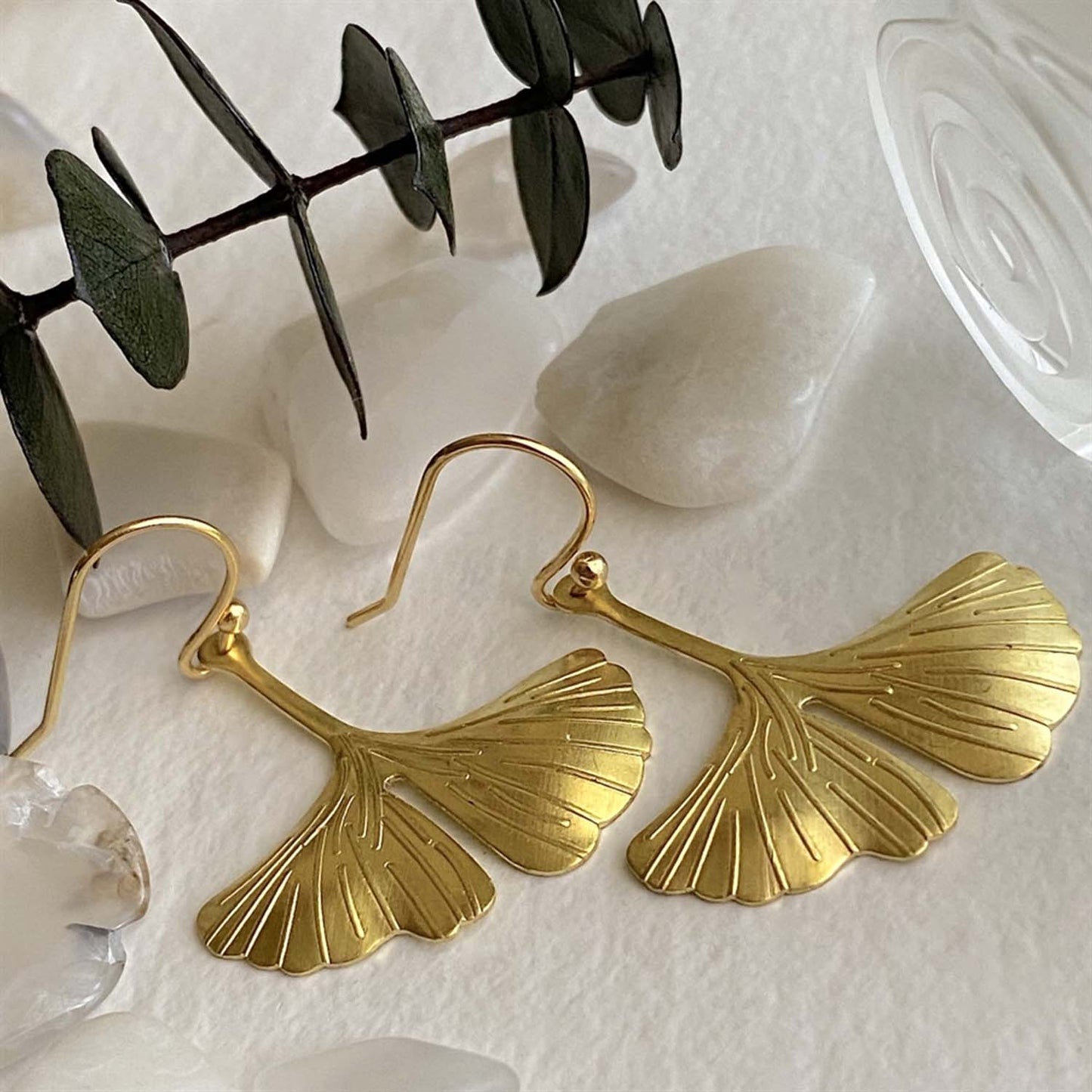 Gingko Brass Leaf Drop Earrings