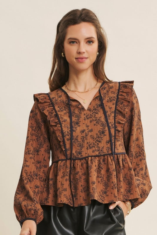 Crinkled Babydoll Blouse Wit Contrast Neck Tie