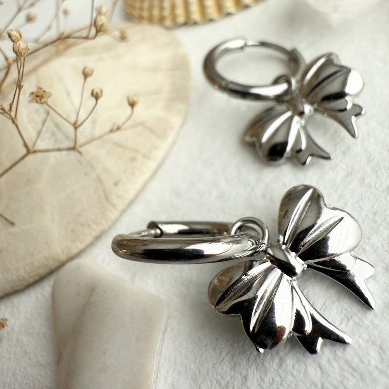 Luca Bow Charm Hugger Hoop Earrings Polished SS