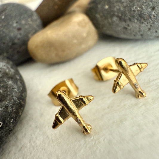 Jet Set Airplane Stud Earrings In Gold