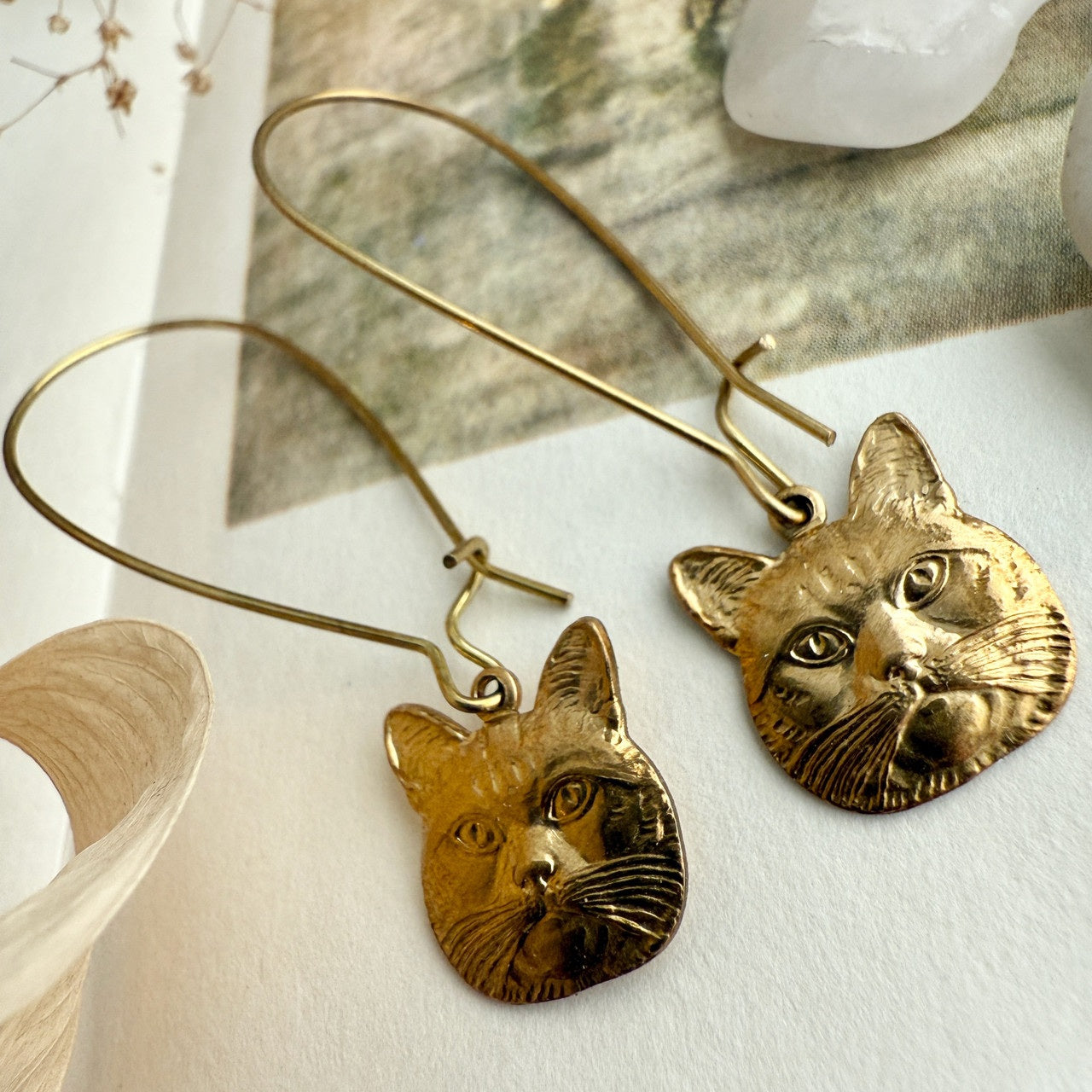 Miser Raw Brass Cat Face Drop Earrings