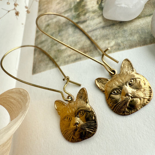 Miser Raw Brass Cat Face Drop Earrings