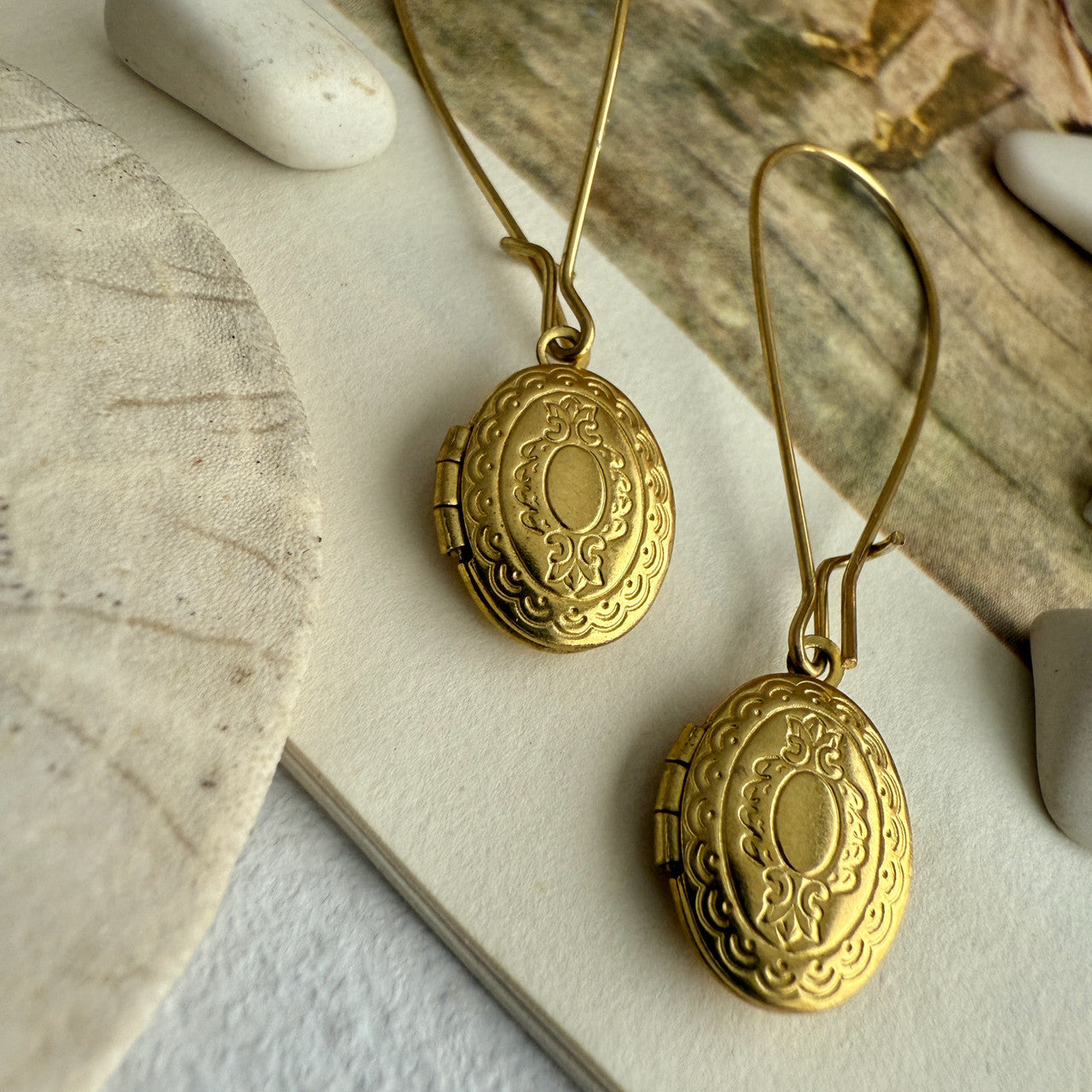 Sophia Vintage Oval Locket Drop Earrings in Raw Brass