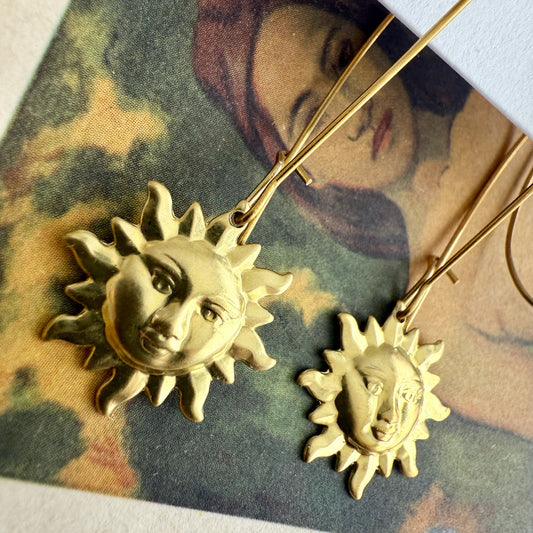 Surya Raw Brass Sun Face Drop Earrings Raw Brass