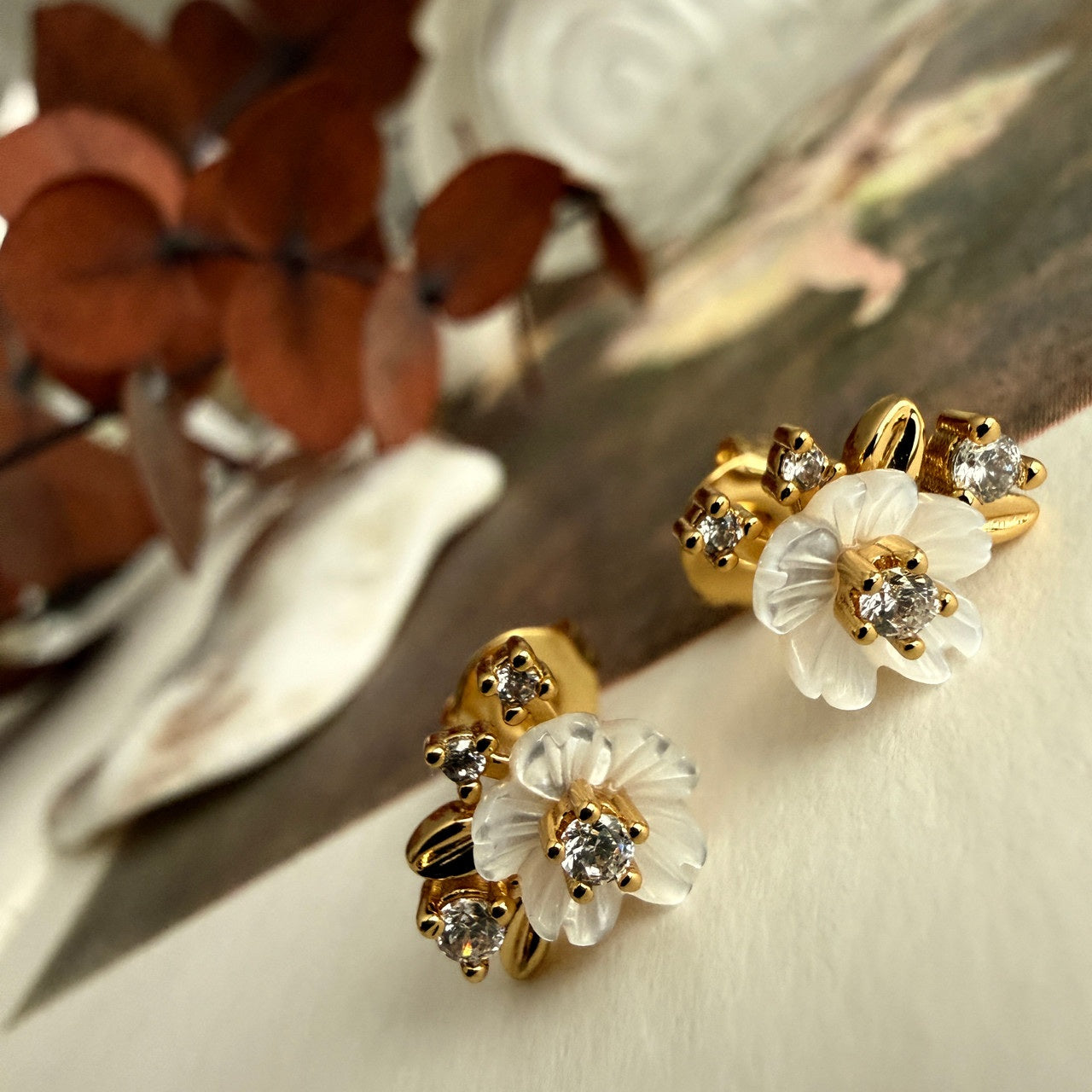 "Amelia" Mother of Pearl Flower & Rhinestone Stud Earrings