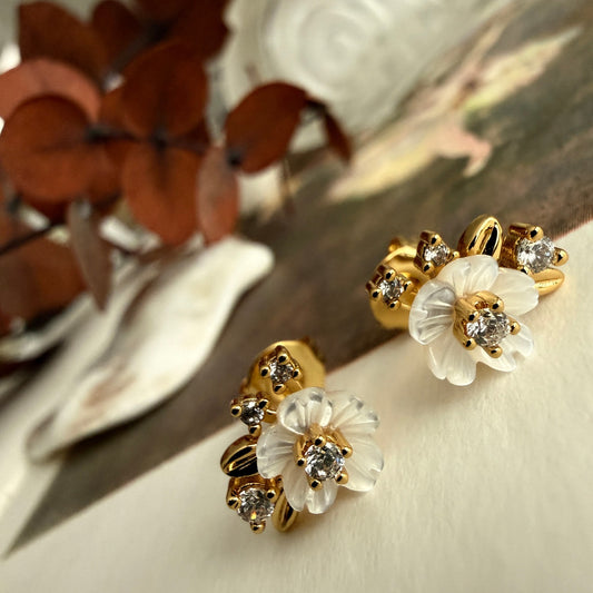 "Amelia" Mother of Pearl Flower & Rhinestone Stud Earrings