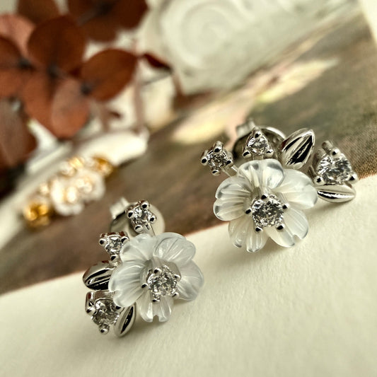 "Amelia" Mother of Pearl Flower & Rhinestone Stud Earrings