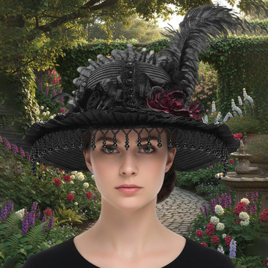 Victorian Feather Beaded Wide Brim Hat
