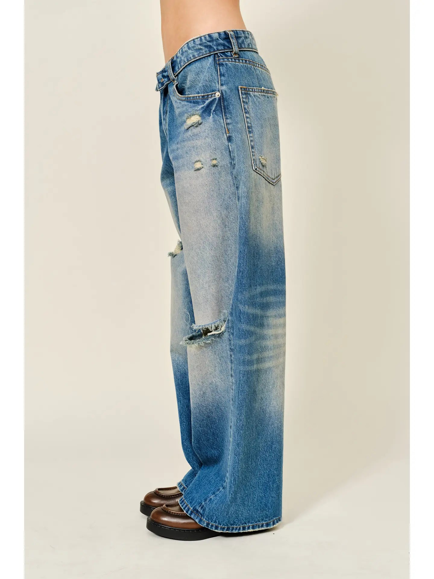 Waist Detail Wide Baggy Jeans