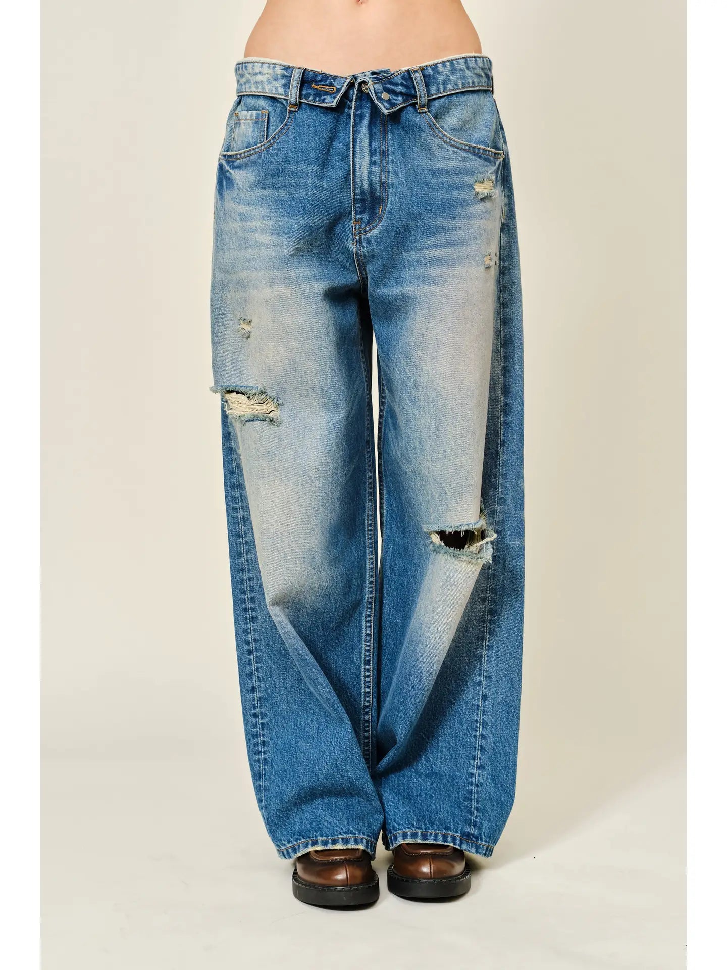 Waist Detail Wide Baggy Jeans