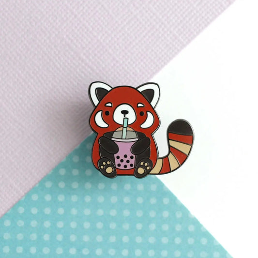 Red Panda Drinking Bubble Tea Pin