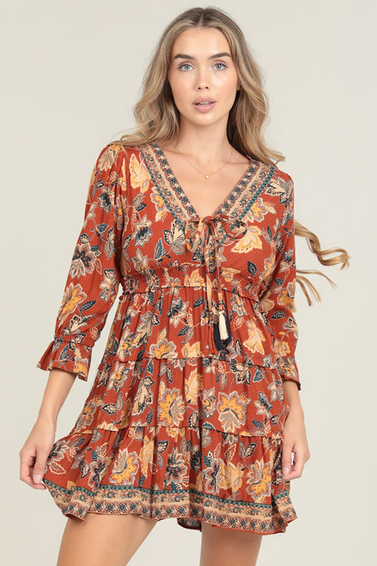 Brown V-Neck Tiered Dress