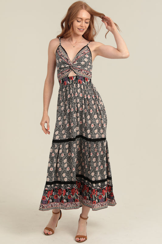 Black Spaghetti Strap Deep V-Neck Maxi Dress With Centre Cutout