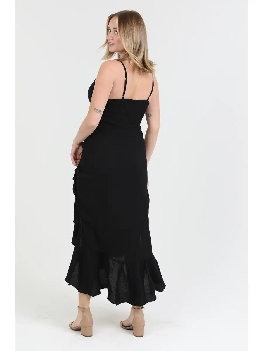 Tie Front Double Ruffled Slits Maxi Dress