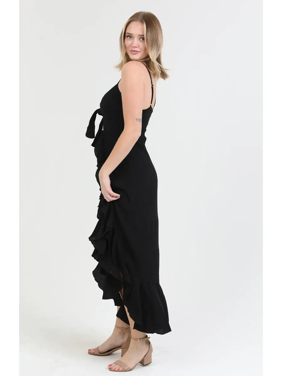 Tie Front Double Ruffled Slits Maxi Dress