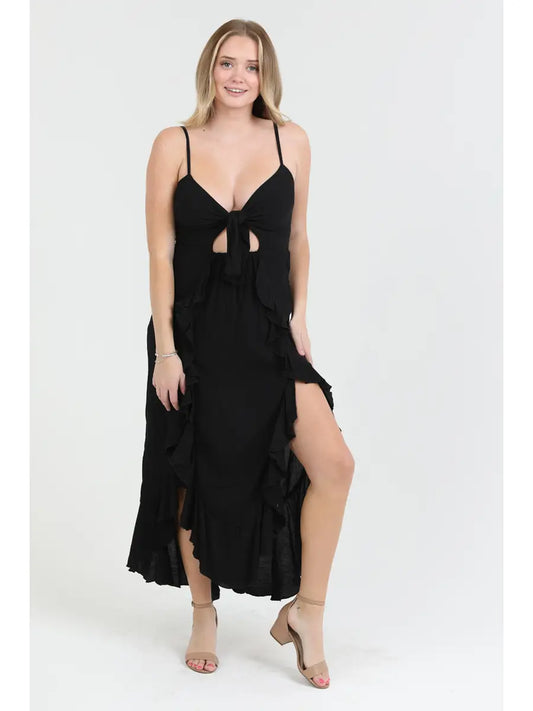 Tie Front Double Ruffled Slits Maxi Dress