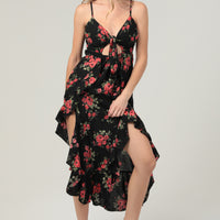 Black Tie Front Dress With Ruffles