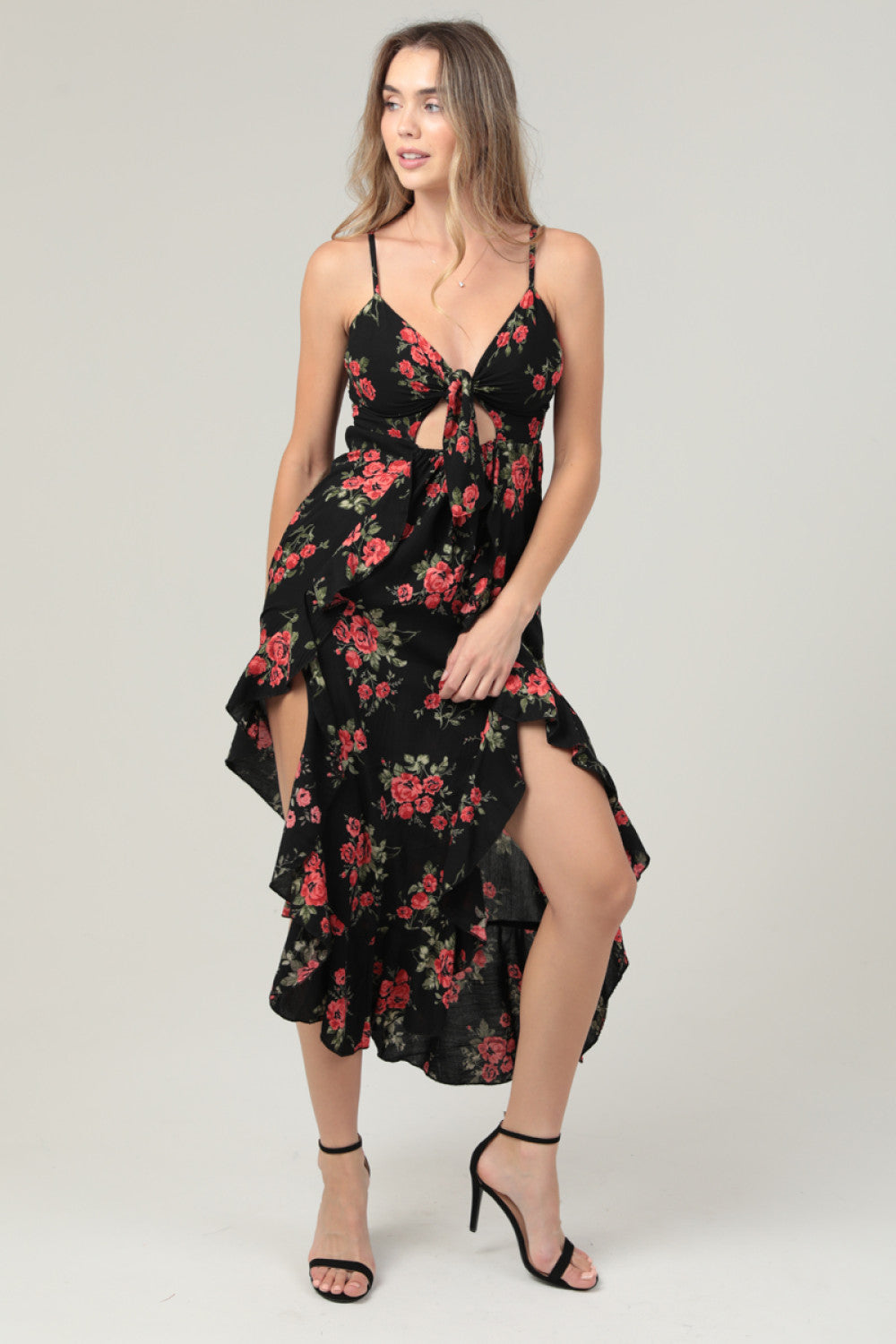 Black Tie Front Dress With Ruffles