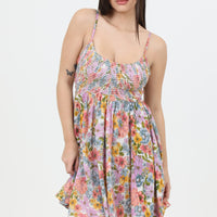 Short Dress With Smocking And Deep V Ivory