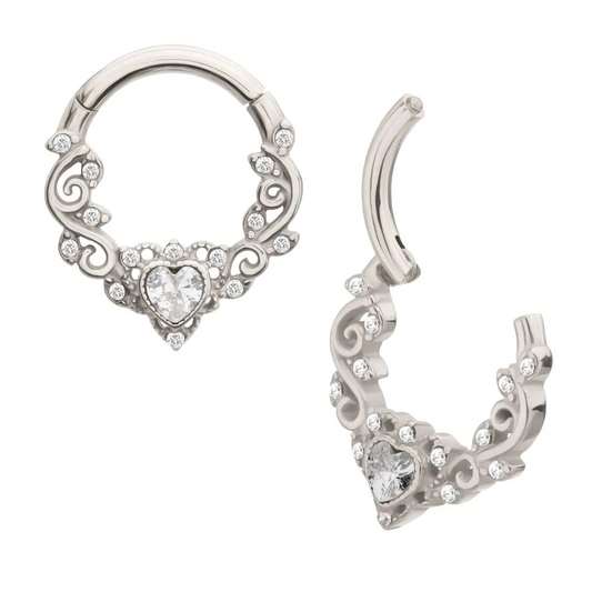 Heart Filigree Mini Round CZ Hinged Hoop