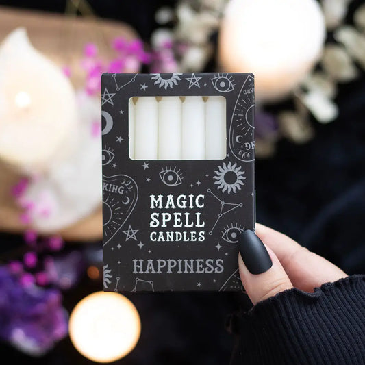 Set Of 12 White 'Happiness' Magic Spell Candles