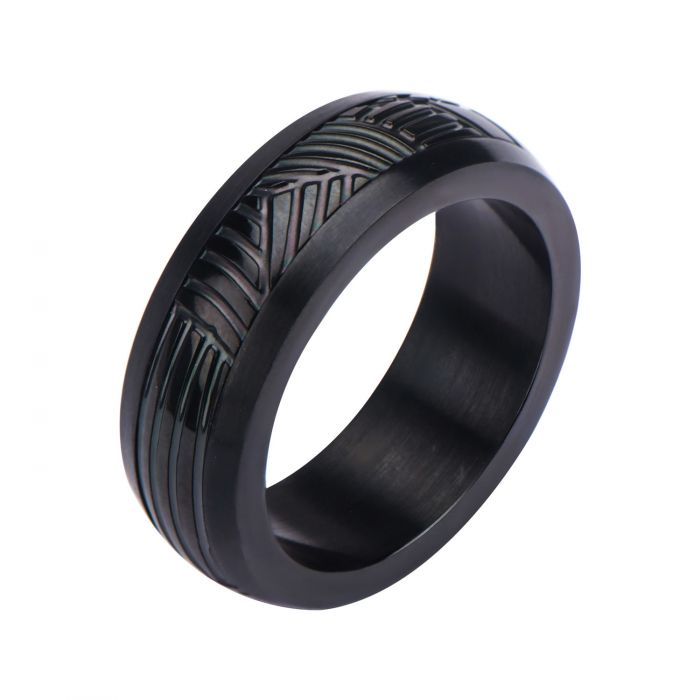 Stainless Steel Black IP Polished CNC Carving Ring Size 11
