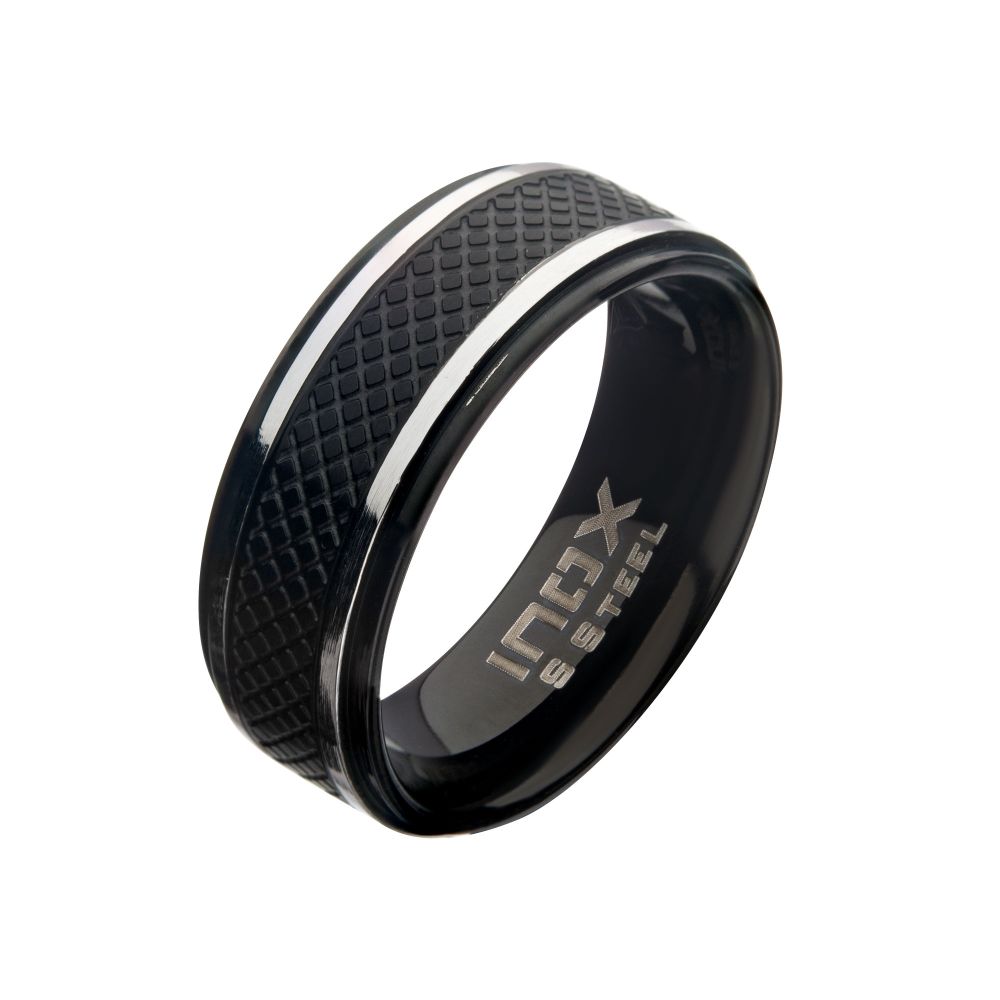 Matte Stainless Steel & Black IP Quilt Ring Size 12