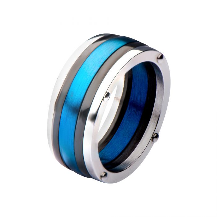 Steel, Black IP & Blue IP Polished Ring Size 10